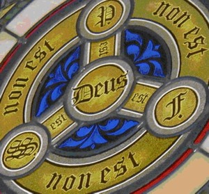 A stained glass version of the Trinity Shield from the Lehigh Valley Presbyterian Church